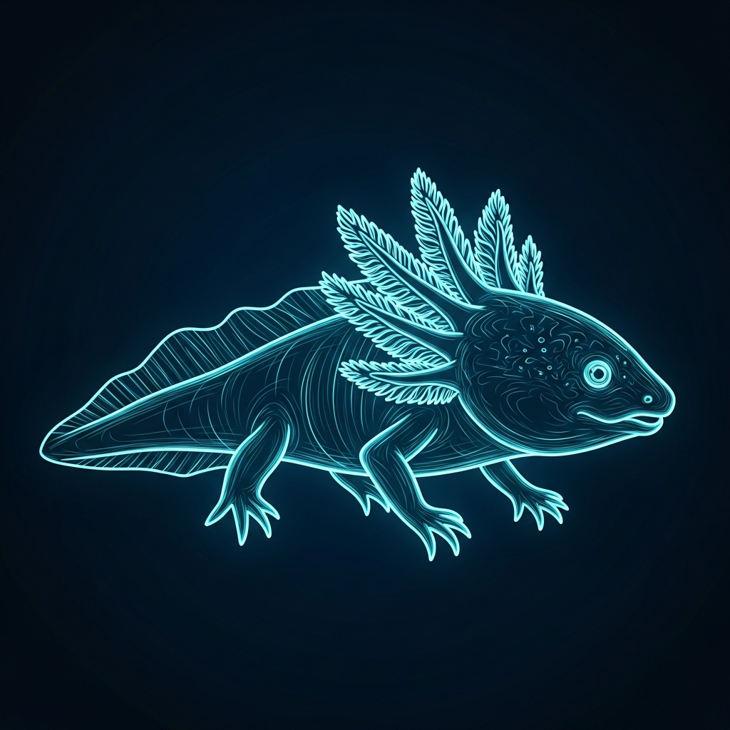 Abstract minimal axolotl rendered as glowing electric cyan line drawing on deep navy background, elegant modern illustration