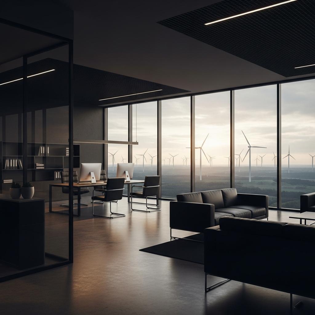 modern European energy company office interior, dark tones, floor to ceiling windows overlooking wind turbines in distance, cinematic editorial photography style, no people