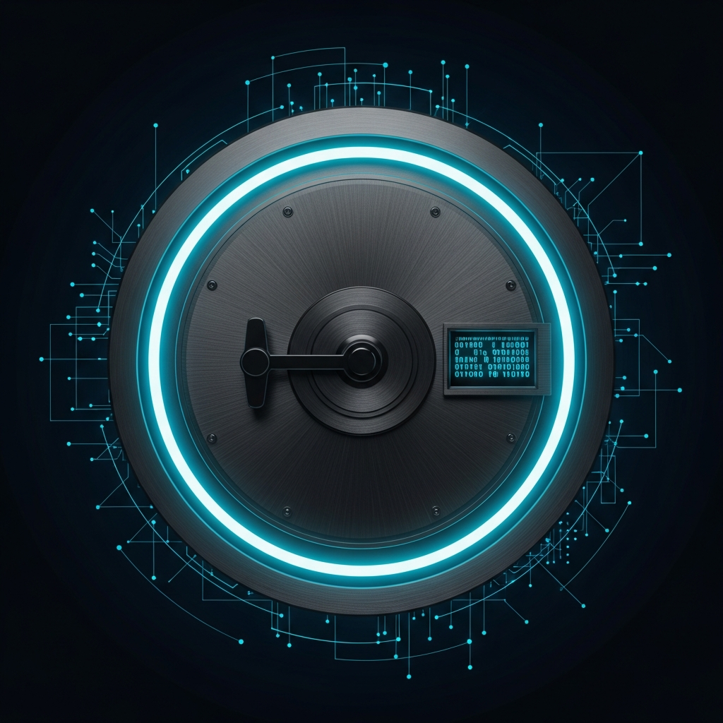 Secure digital vault door glowing electric cyan on dark navy background, minimal technical aesthetic
