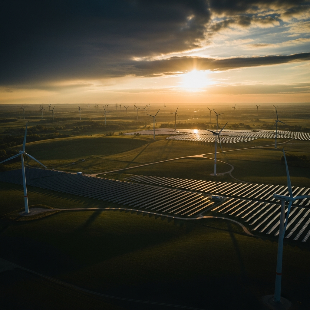Aerial view of European wind and solar farm landscape at golden hour, cinematic dark editorial tone, no people