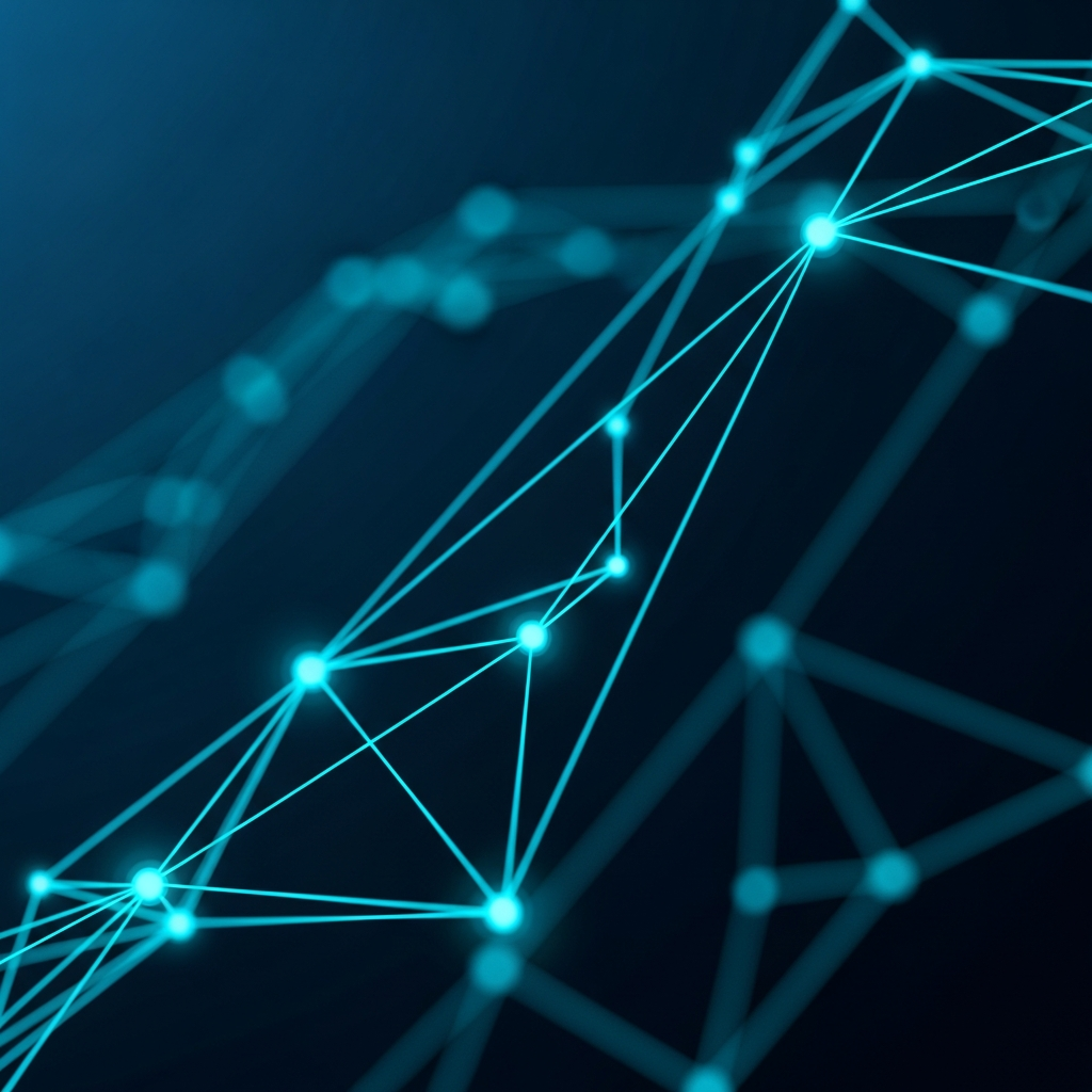 Abstract network of energy nodes and data flows, dark navy background, electric cyan accent lines, minimal technical illustration